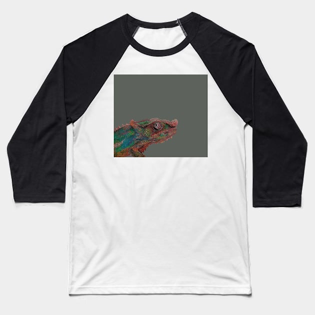 Colorful Chameleon Drawing on Gray Baseball T-Shirt by Neginmf